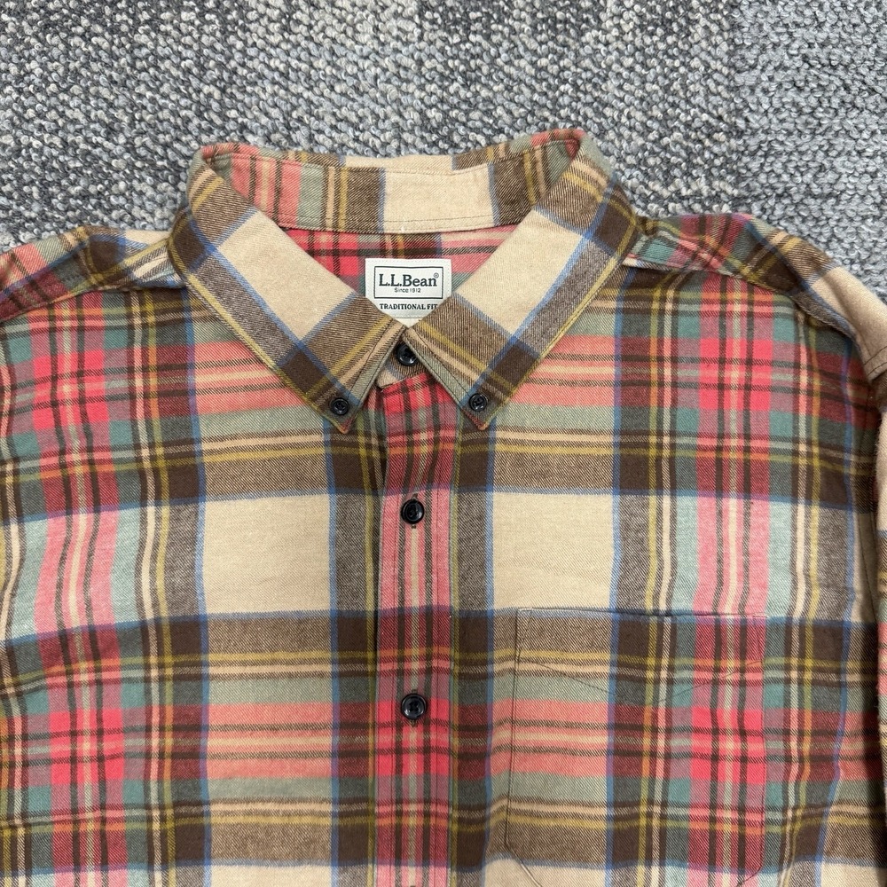 L.L. Bean Scotch Plaid Flannel Shirt Mens XL Button Down Antique Dress Brown red